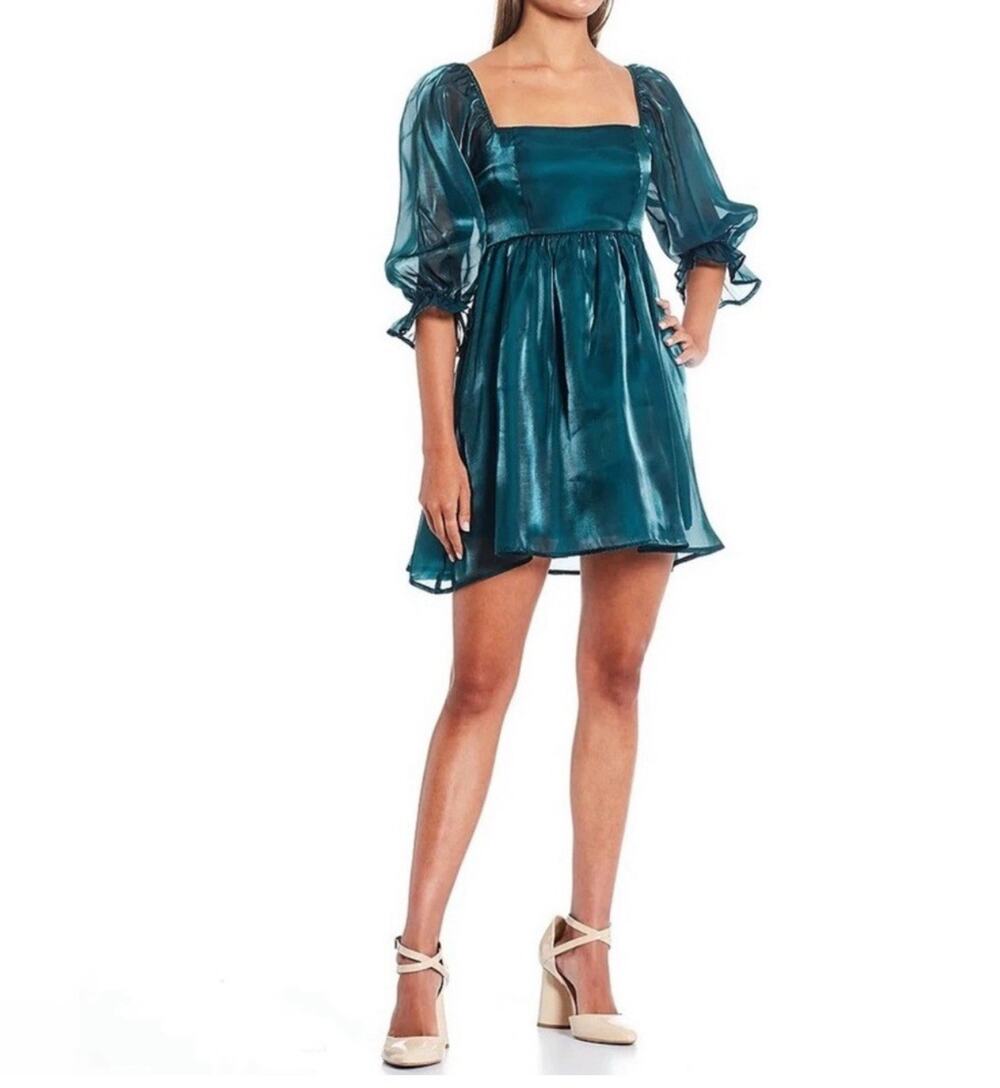 THIRTY THIRTY Teal Babydoll Mini Dress Women's M Bubble Princess Organza Lined